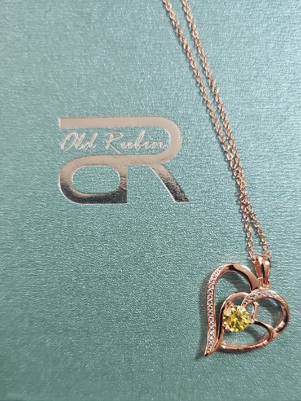 Rose Gold Heart Pendant Necklace with Yellow Stone